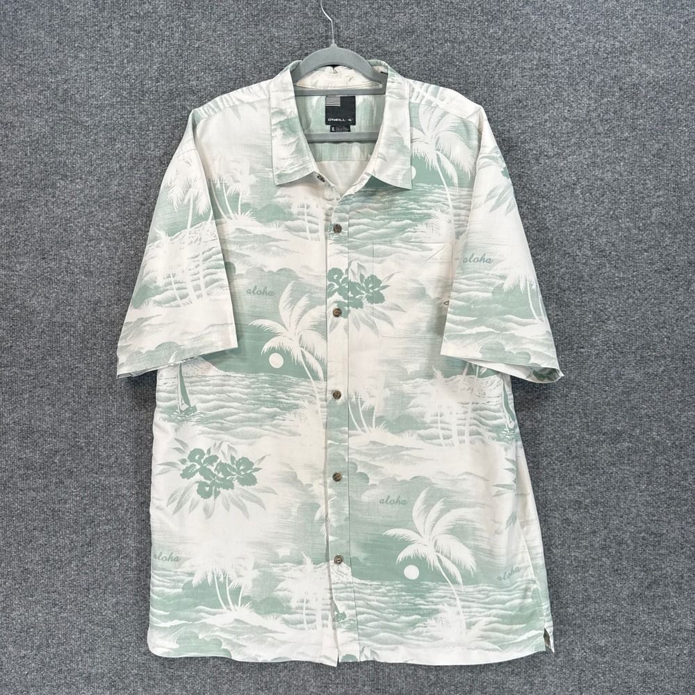 Oneill Button Down Shirt Mens XL Green Aloha Palm Tree Beach Surf Tropical
